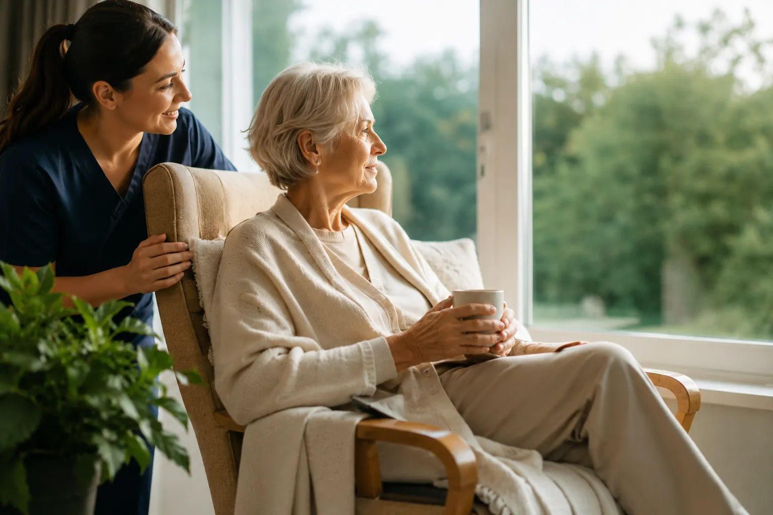 A care worker and an older woman together at home, looking out the window